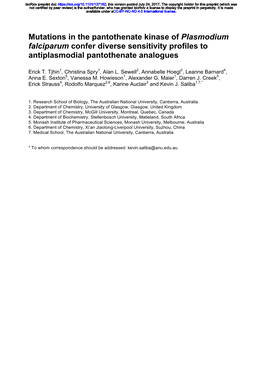 Mutations in the Pantothenate Kinase of Plasmodium Falciparum Confer Diverse Sensitivity Profiles to Antiplasmodial Pantothenate Analogues