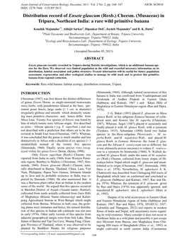 Distribution Record of Ensete Glaucum (Roxb.) Cheesm. (Musaceae) in Tripura, Northeast India: a Rare Wild Primitive Banana