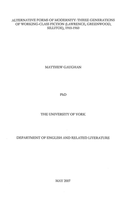 Three Generations of Working-Class Fiction (Lawrence, Greenwood, Sillitoe), 1910-1960