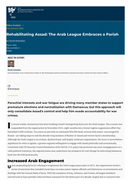 Rehabilitating Assad: the Arab League Embraces a Pariah by David Schenker