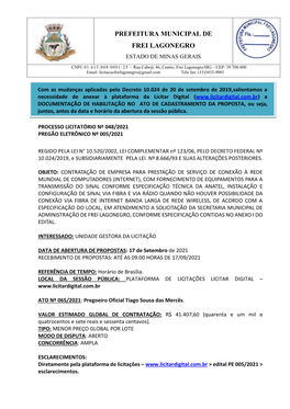 Prefeitura Municipal De Frei Lagonegro Estado De Minas Gerais