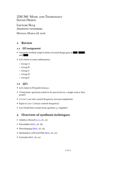 Lecture 14 Outline: Additive Synthesis