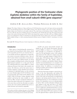 Phylogenetic Position of the Freshwater Ciliate Euplotes Daidaleos Within the Family of Euplotidae, Obtained from Small Subunit Rdna Gene Sequence*