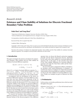Research Article Existence and Ulam Stability of Solutions for Discrete Fractional Boundary Value Problem