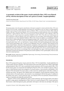 Zootaxa, a Taxonomic Revision of the Genus