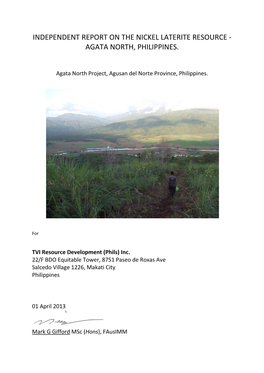 Independent Report on the Nickel Laterite Resource - Agata North, Philippines