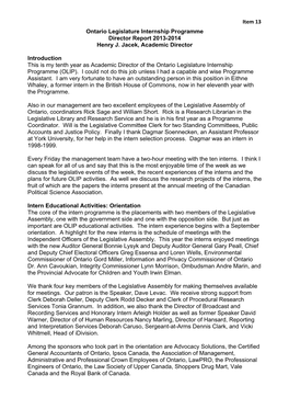 Item 13 Ontario Legislature Internship Programme Director Report 2013-2014 Henry J