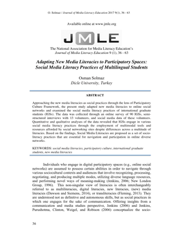 Adapting New Media Literacies to Participatory Spaces: Social Media Literacy Practices of Multilingual Students