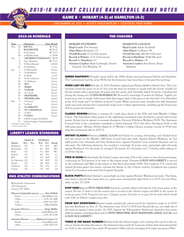 2015-16 Hobart College Basketball Game Notes GAME 8 • HOBART (4-3) at HAMILTON (4-3) DECEMBER 10, 2015 • SCOTT FIELD HOUSE • CLINTON, NEW YORK