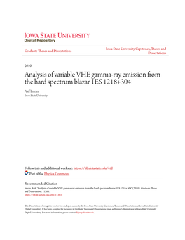 Analysis of Variable VHE Gamma-Ray Emission from the Hard Spectrum Blazar 1ES 1218+304 Asif Imran Iowa State University