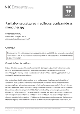 Zonisamide As Artial-Onset Seizures in Epilepsy