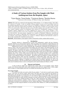 A Study of Various Isolates from Pus Sample with Their Antibiogram from Jln Hospital, Ajmer