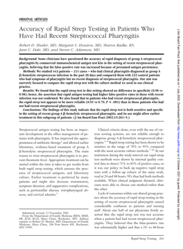 Accuracy of Rapid Strep Testing in Patients Who Have Had Recent Streptococcal Pharyngitis