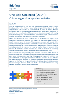 One Belt, One Road (OBOR): China's Regional Integration Initiative