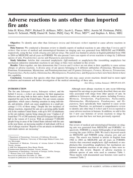 Adverse Reactions to Ants Other Than Imported Fire Ants John H