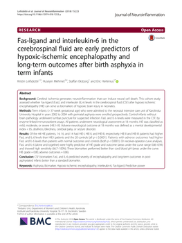 Fas-Ligand and Interleukin-6 in the Cerebrospinal Fluid Are Early