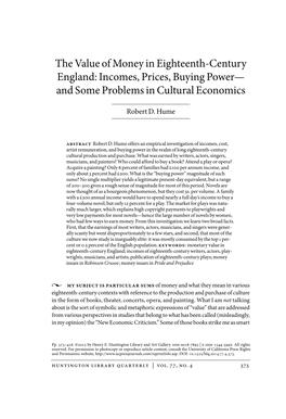 The Value of Money in Eighteenth-Century England: Incomes, Prices, Buying Power— and Some Problems in Cultural Economics