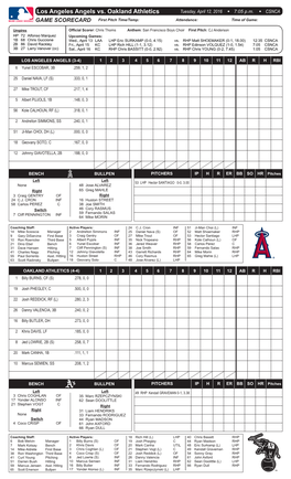 Los Angeles Angels Vs. Oakland Athletics Tuesday, April 12, 2016 W 7:05 P.M