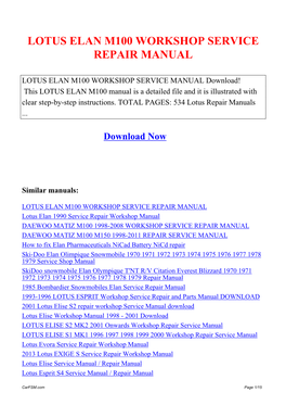 Lotus Elan M100 Workshop Service Repair Manual