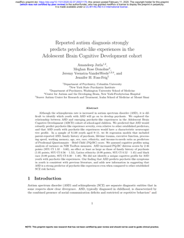 Reported Autism Diagnosis Strongly Predicts Psychotic-Like Experiences in the Adolescent Brain Cognitive Development Cohort