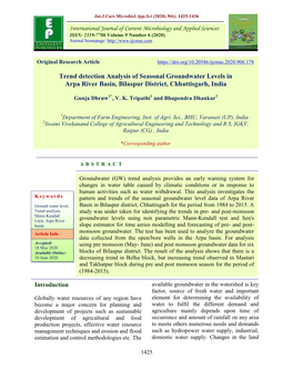 Trend Detection Analysis of Seasonal Groundwater Levels in Arpa River Basin, Bilaspur District, Chhattisgarh, India