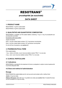 RESOTRANS® Prucalopride (As Succinate) DATA SHEET