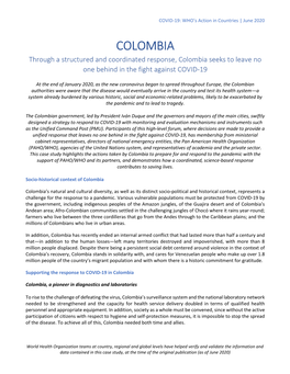 COLOMBIA Through a Structured and Coordinated Response, Colombia Seeks to Leave No One Behind in the Fight Against COVID-19