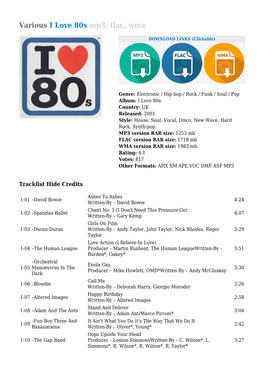 Various I Love 80S Mp3, Flac, Wma