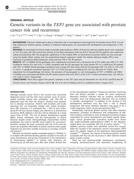 Genetic Variants in the TEP1 Gene Are Associated with Prostate Cancer Risk and Recurrence