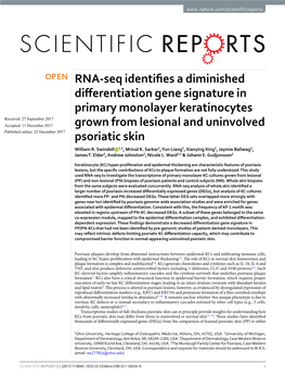 RNA-Seq Identifies a Diminished Differentiation Gene Signature in Primary Monolayer Keratinocytes Grown from Lesional and Uninvo