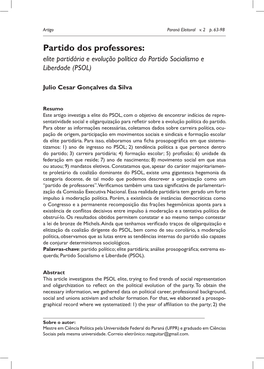 Partido Dos Professores: Elite Partidária E Evolução Política Do Partido Socialismo E Liberdade (PSOL)