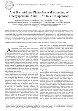 Anti Bacterial and Phytochemical Screening of Trachyspermum Ammi – an in Vitro Approach