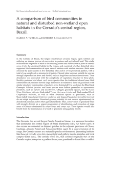 A Comparison of Bird Communities in Natural and Disturbed Non-Wetland Open Habitats in the Cerrado’S Central Region, Brazil