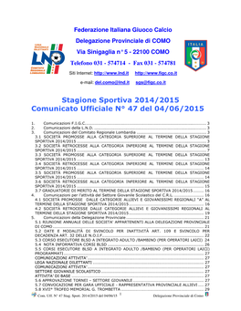 Stagione Sportiva 2014/2015 Comunicato Ufficiale N° 47 Del 04/06/2015