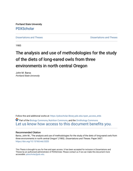 The Analysis and Use of Methodologies for the Study of the Diets of Long-Eared Owls from Three Environments in North Central Oregon