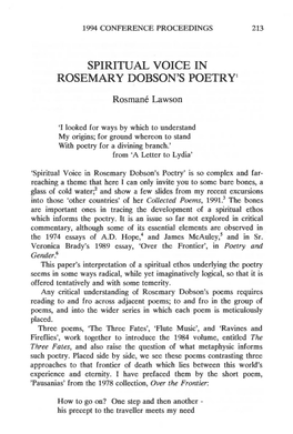 Spiritual Voice in Rosemary Dobson's Poetry1