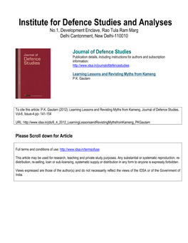 Journal of Defence Studies Publication Details, Including Instructions for Authors and Subscription Information