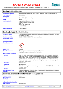 SAFETY DATA SHEET Nonflammable Gas Mixture: Argon 90-99% / Methane 1Ppm-10% (P-5 and P-10)