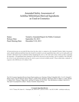 Amended Safety Assessment of Achillea Millefolium-Derived Ingredients As Used in Cosmetics