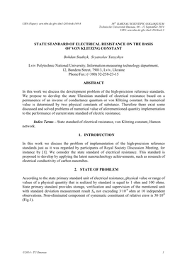 State Standard of Electrical Resistance on the Basis of Von Klitzing Constant