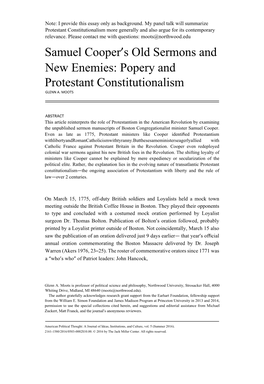 Samuel Cooper's Old Sermons and New Enemies: Popery And
