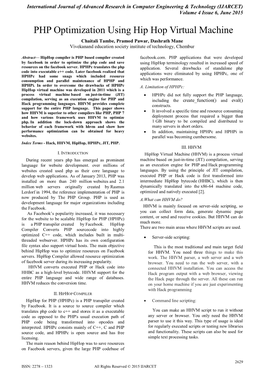 PHP Optimization Using Hip Hop Virtual Machine Chaitali Tambe, Pramod Pawar, Dashrath Mane Vivekanand Education Society Institute of Technology, Chembur