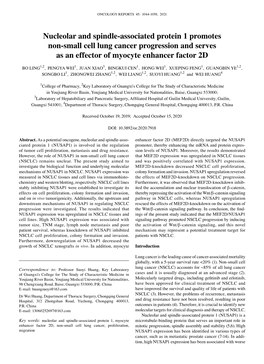 Nucleolar and Spindle‑Associated Protein 1 Promotes Non‑Small Cell Lung Cancer Progression and Serves As an Effector of Myocyte Enhancer Factor 2D