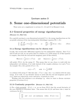 3. Some One-Dimensional Potentials These Notes Are a Supplement to Sections 3.1, 3.3 and 3.5 in Hemmer’S Book