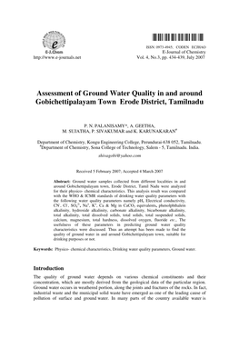 Assessment of Ground Water Quality in and Around Gobichettipalayam Town Erode District, Tamilnadu
