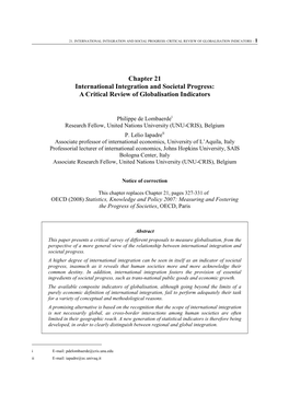 Chapter 21 International Integration and Societal Progress: a Critical Review of Globalisation Indicators