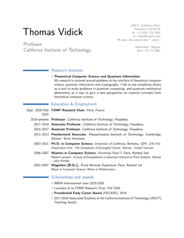 Thomas Vidick – Professor[2Mm] California Institute of Technology
