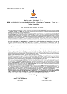 Coöperatieve Rabobank U.A. EUR 1,000,000,000 Perpetual Additional Tier 1 Contingent Temporary Write Down Capital Securities