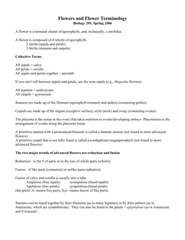 Flowers and Flower Terminology Biology 205, Spring 2006