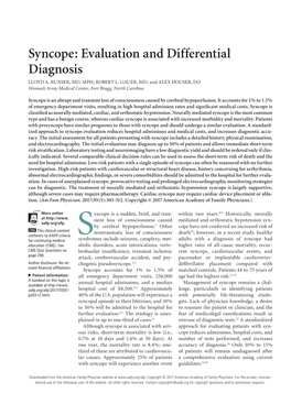 Syncope: Evaluation and Differential Diagnosis LLOYD A